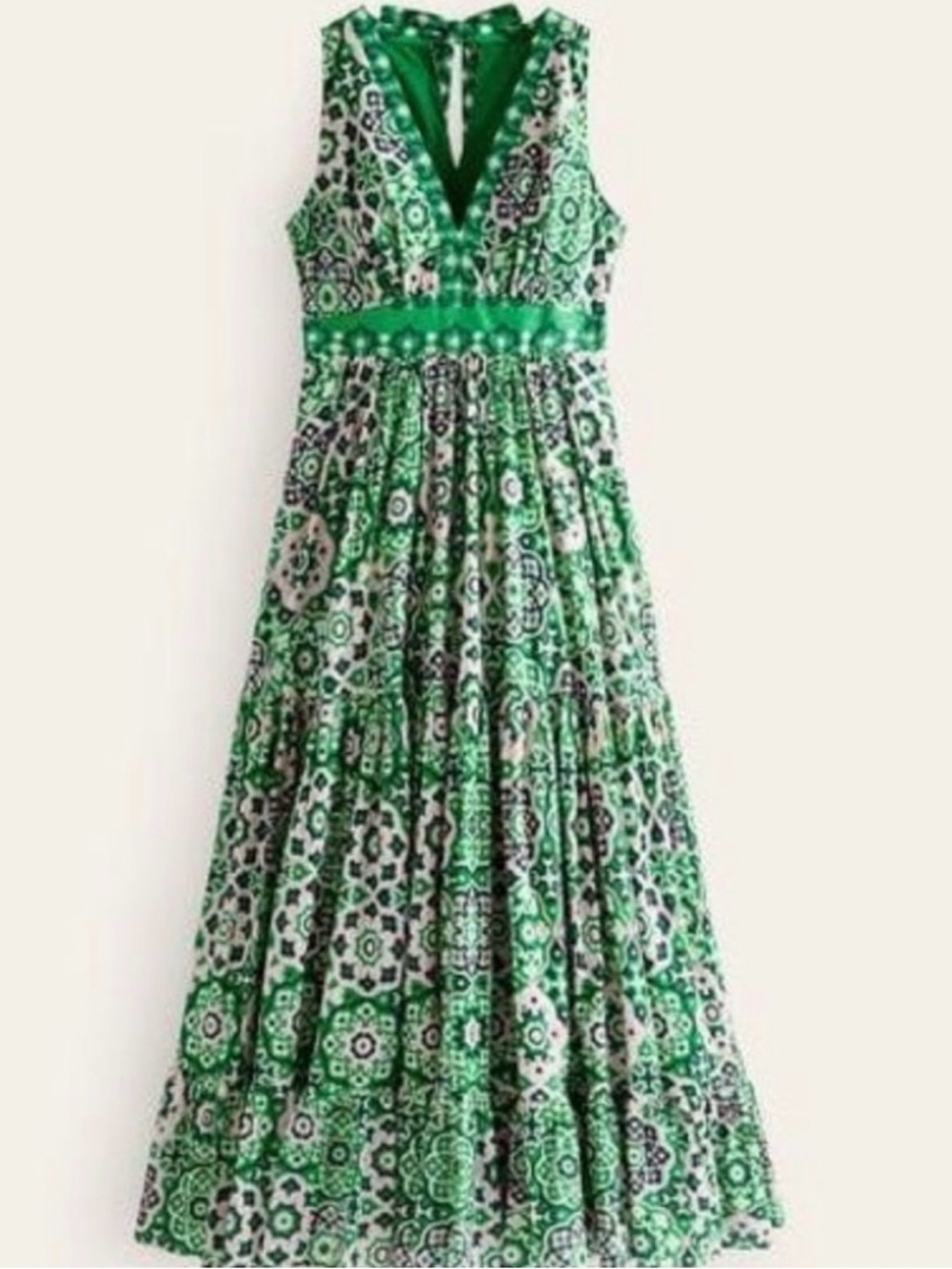 Boden Cotton Maxi Tie Neck Dress in Green Tambourine size 14 NEW